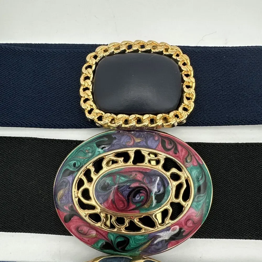 Set Of 3 Vintage 80s Lacquered Gold Tone Buckle Elastic Stretch Belts